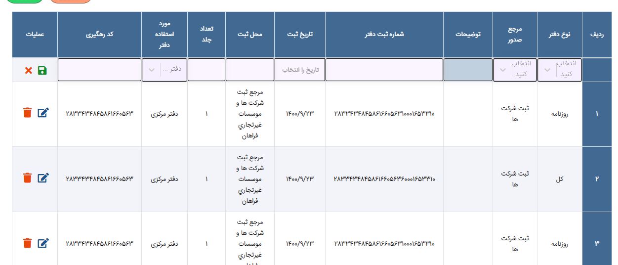 جدول اطلاعات دفاتر قانونی