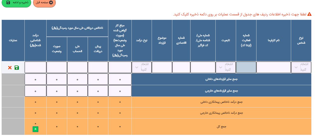 جدول اطلاعات درآمد ارائه خدمات و پیمانکاری